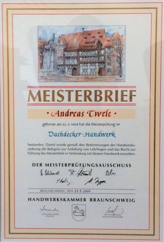 Meisterbrief Dachdeckermeister Andreas Twele